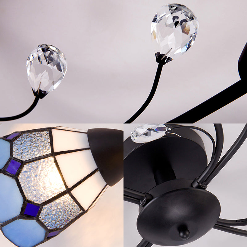 Tiffany Semi-encastré avec bras tourbillonnant et abat-jour en forme de dôme, plafonnier en verre artistique à 8 lumières, Orange/bleu, pour le salon