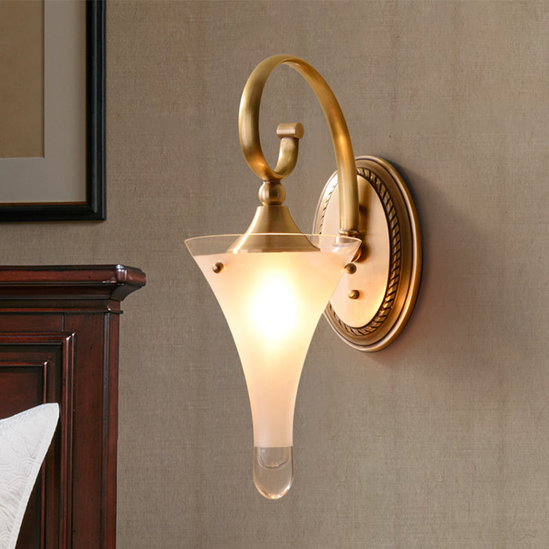 1/2-Head Flared Wall Light Sconce Colonial Gold Frosted White Glass Wall Lighting Fixture with Scrolled Arm