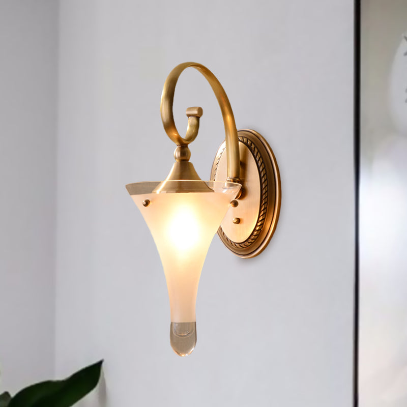 1/2-Head Flared Wall Light Sconce Colonial Gold Frosted White Glass Wall Lighting Fixture with Scrolled Arm