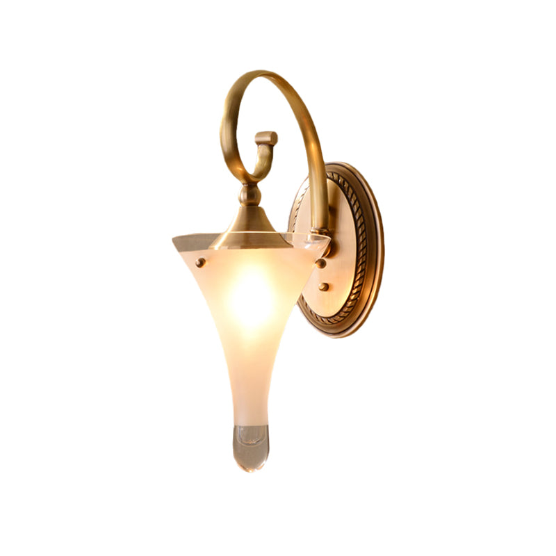1/2-Head Flared Wall Light Sconce Colonial Gold Frosted White Glass Wall Lighting Fixture with Scrolled Arm