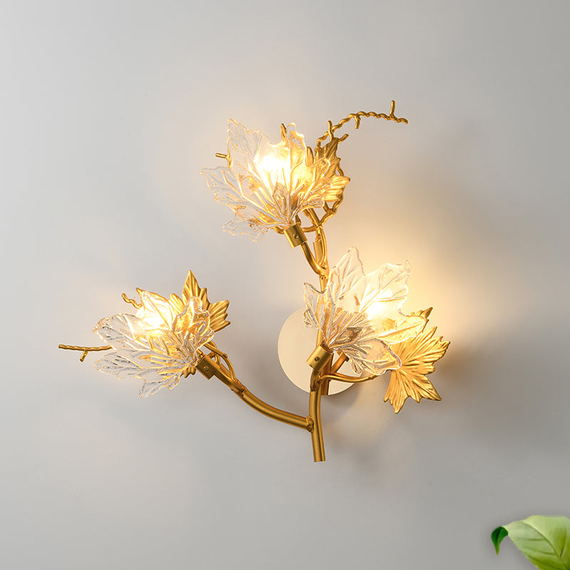 Colonialist Maple Leaf Wall Lamp 3-Light Clear Textured Glass Sconce Wall Lighting in Gold for Bedroom