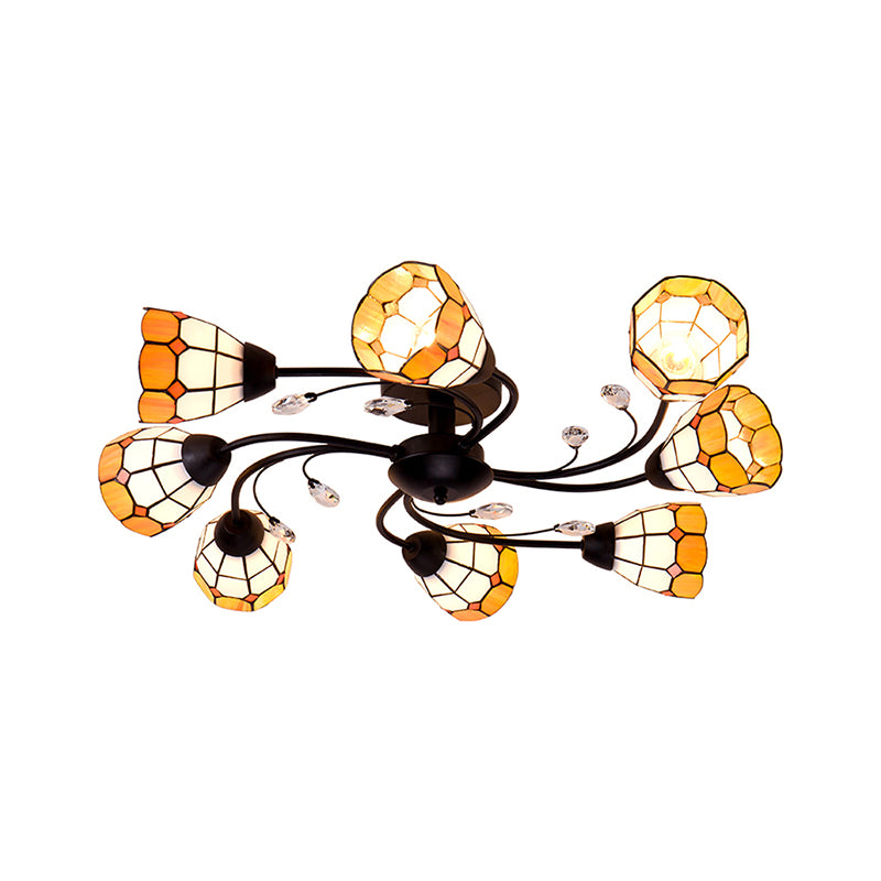 Tiffany Semi-encastré avec bras tourbillonnant et abat-jour en forme de dôme, plafonnier en verre artistique à 8 lumières, Orange/bleu, pour le salon