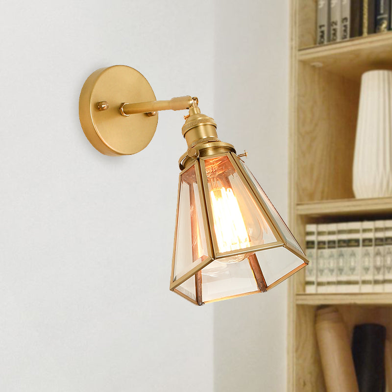 Colonialism Tapered Wall Light Fixture 1-Bulb Clear Glass Sconce Lamp in Gold with/without Pull Chain