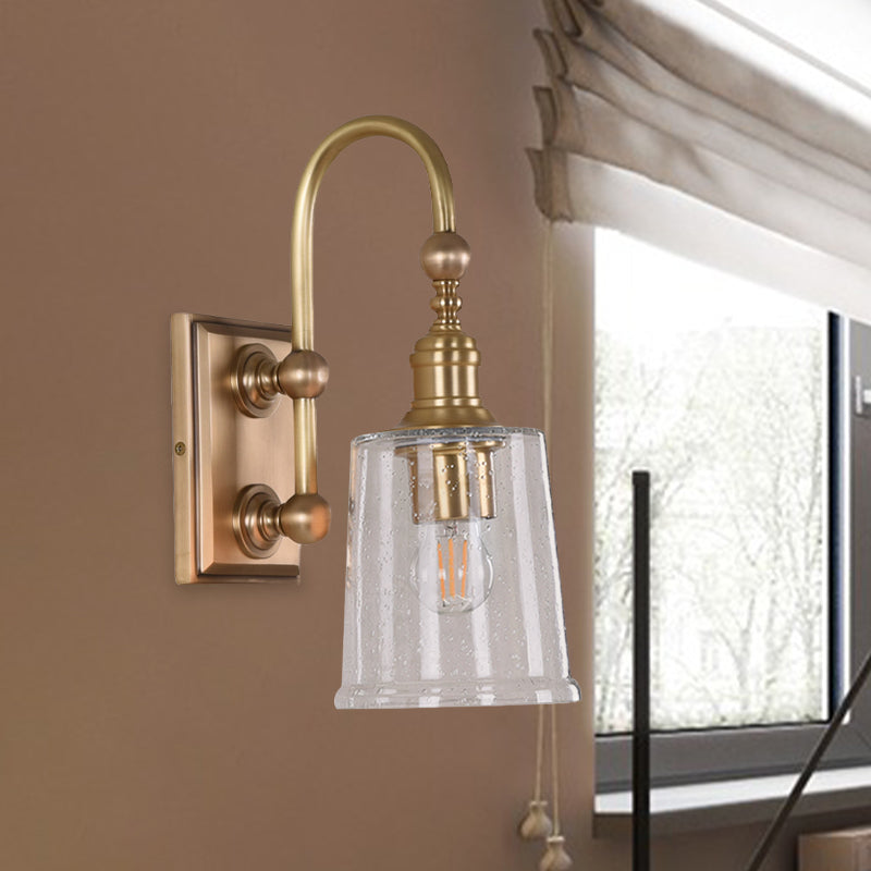 Conical Bathroom Sconce Light Colonial White/Clear Bubble Glass 1 Bulb Brass Wall Lamp with Metal Gooseneck Arm