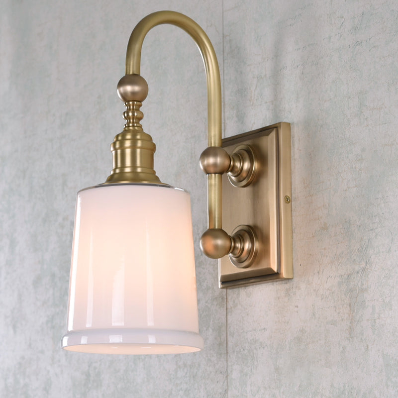 Conical Bathroom Sconce Light Colonial White/Clear Bubble Glass 1 Bulb Brass Wall Lamp with Metal Gooseneck Arm