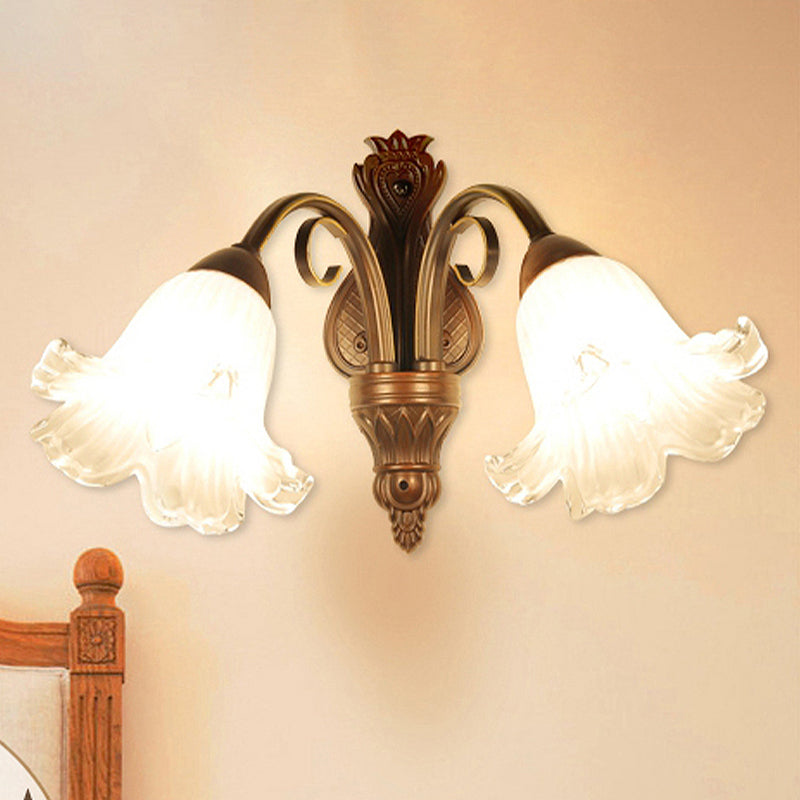Traditionalism Floral Wall Lamp Fixture 1/2-Light White Glass Wall Sconce Lighting in Black for Bedroom