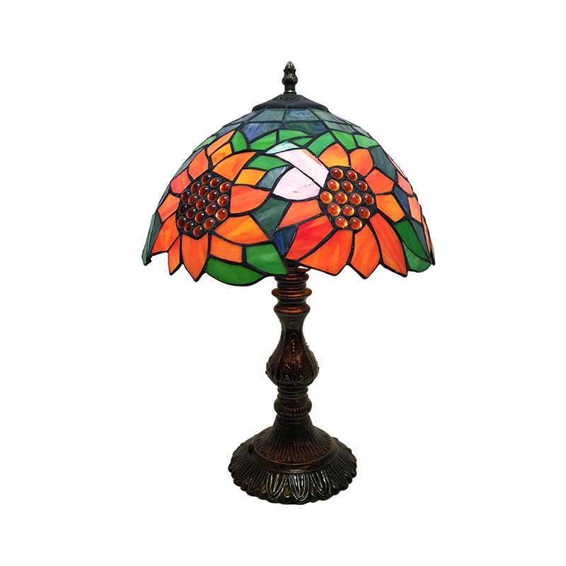Rustic Tiffany Sunflower Desk Light 1 Head Stained Glass Cone/Dome/Bowl Table Light in Orange for Bedroom