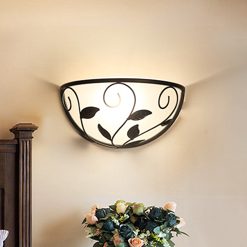 Half Moon Bedroom Wall Sconce Vintage White Glass 1 Head Black Wall Lighting with Leaf Design
