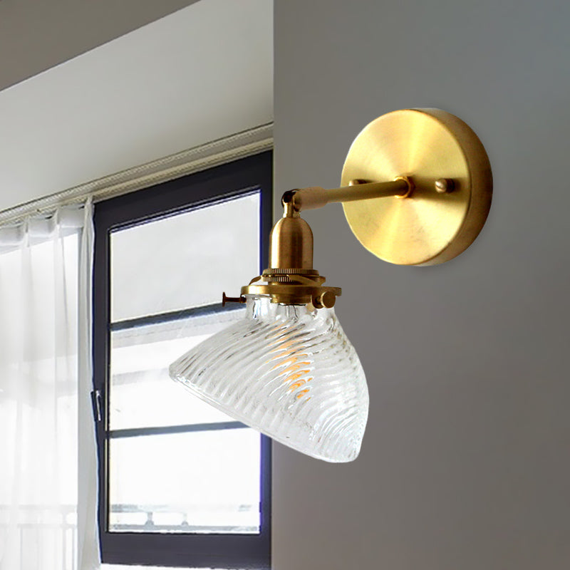 1 Light Wall Lamp Colonialism Curved Bowl Clear/Green Prismatic Glass Wall Sconce Lighting Fixture