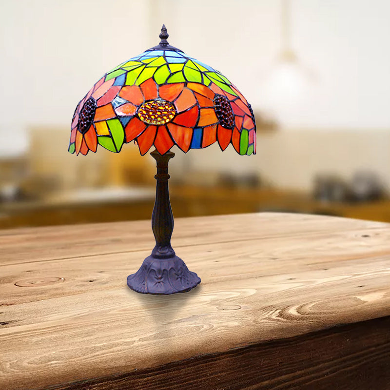 Rustic Tiffany Sunflower Desk Light 1 Head Stained Glass Cone/Dome/Bowl Table Light in Orange for Bedroom