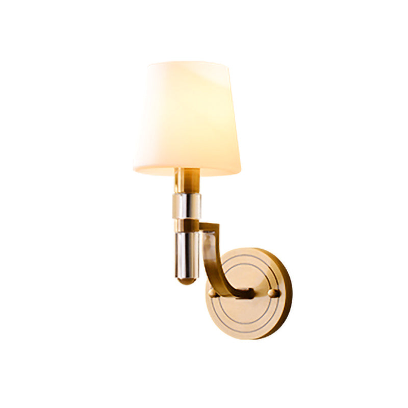 1/2-Light Tapered Wall Lamp Sconce Colonial Gold Frosted Glass Wall Mounted Light with Crystal Accent