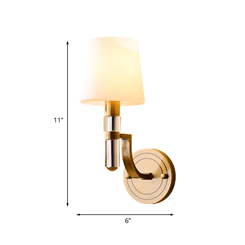 1/2-Light Tapered Wall Lamp Sconce Colonial Gold Frosted Glass Wall Mounted Light with Crystal Accent