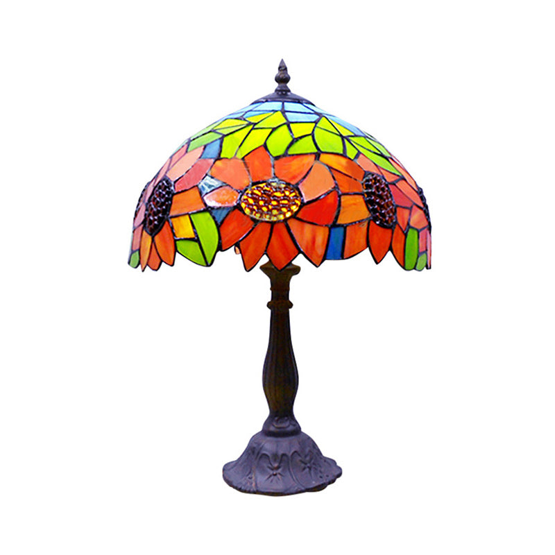 Rustic Tiffany Sunflower Desk Light 1 Head Stained Glass Cone/Dome/Bowl Table Light in Orange for Bedroom