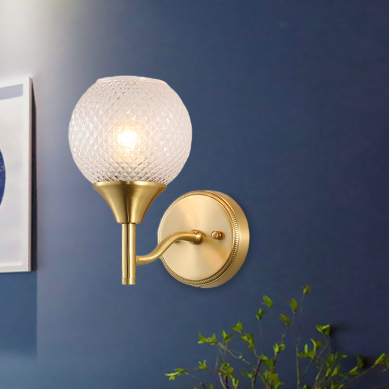 Spherical Corridor Wall Mounted Lighting Colonialist Clear Ribbed Glass 1-Light Gold Sconce