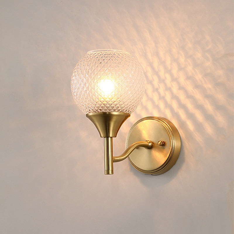Spherical Corridor Wall Mounted Lighting Colonialist Clear Ribbed Glass 1-Light Gold Sconce