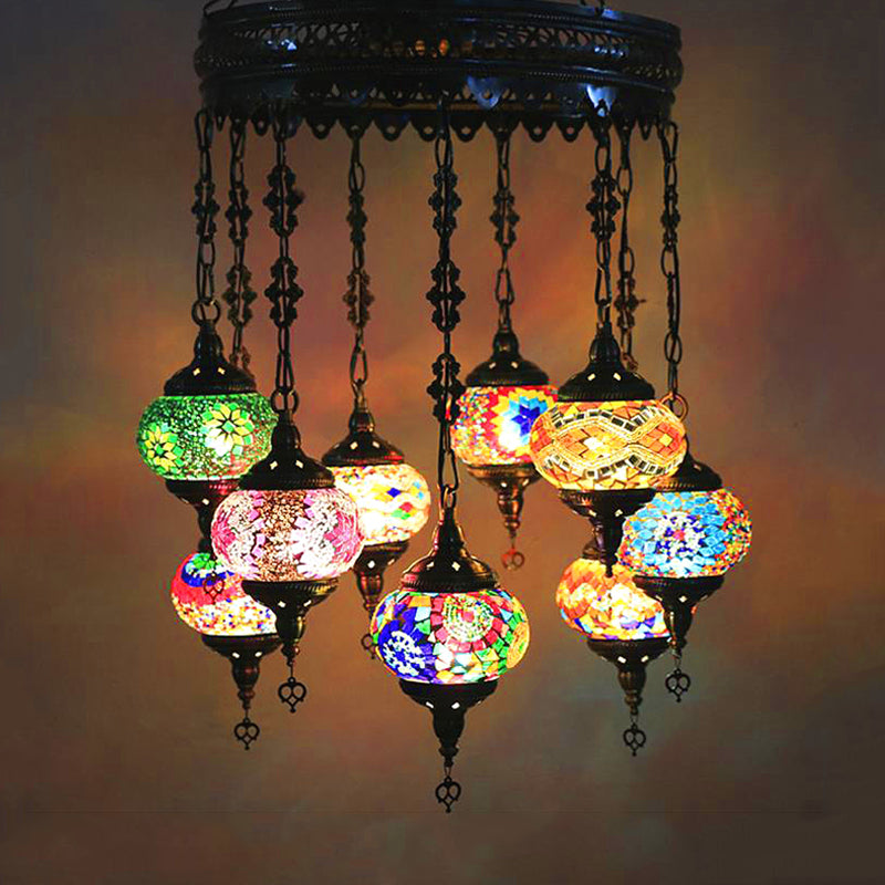 10-Light Oval Chandelier Lamp Bohemia Style Red/Yellow/Orange Stained Glass Down Lighting with Round Design