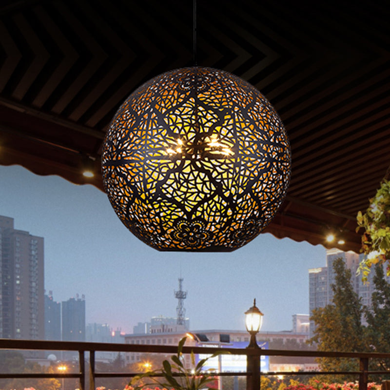 Globe Dining Room Pendant Chandelier Arab Iron 3 Lights Black Ceiling Suspension Lamp with Hollow-Out Design