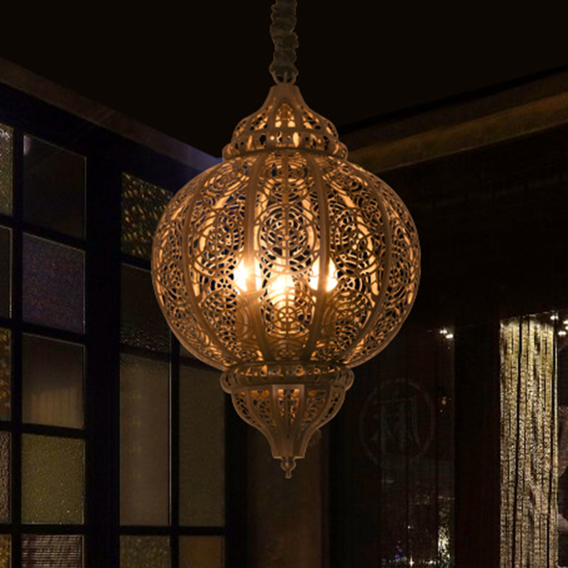 Metal Bronze Pendant Lighting Lantern Shade 3-Bulb Traditional Hanging Chandelier with Laser Cut Design