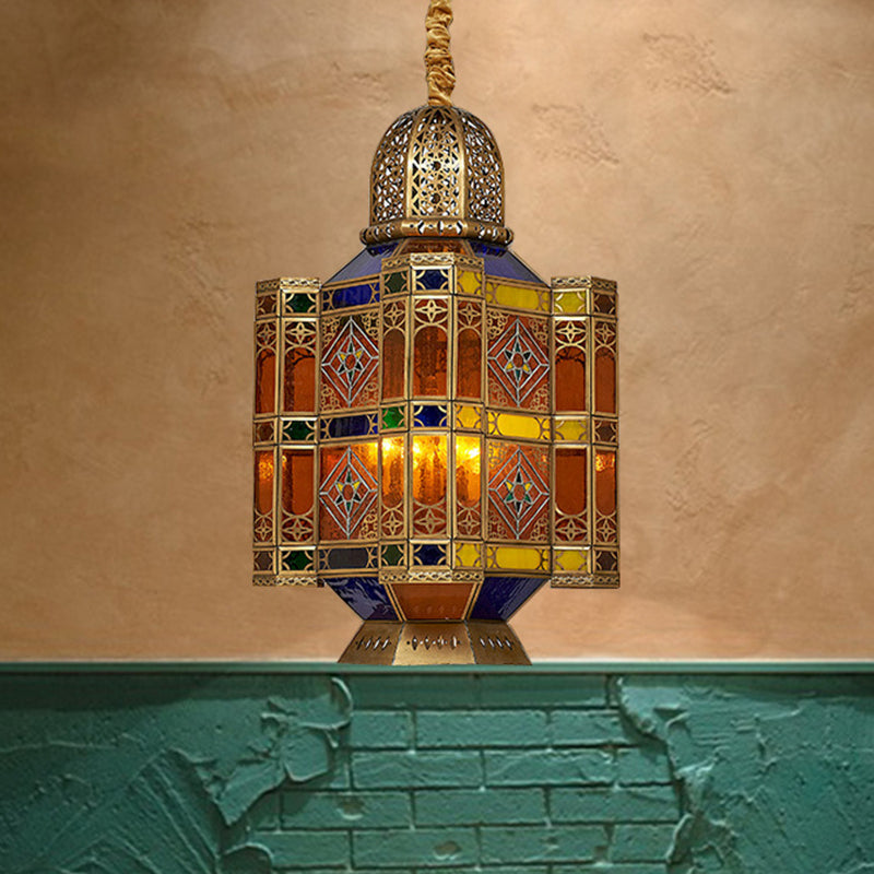 Etched Lantern Restaurant Ceiling Lamp Traditional Stained Art Glass 3 Heads Brass Hanging Chandelier