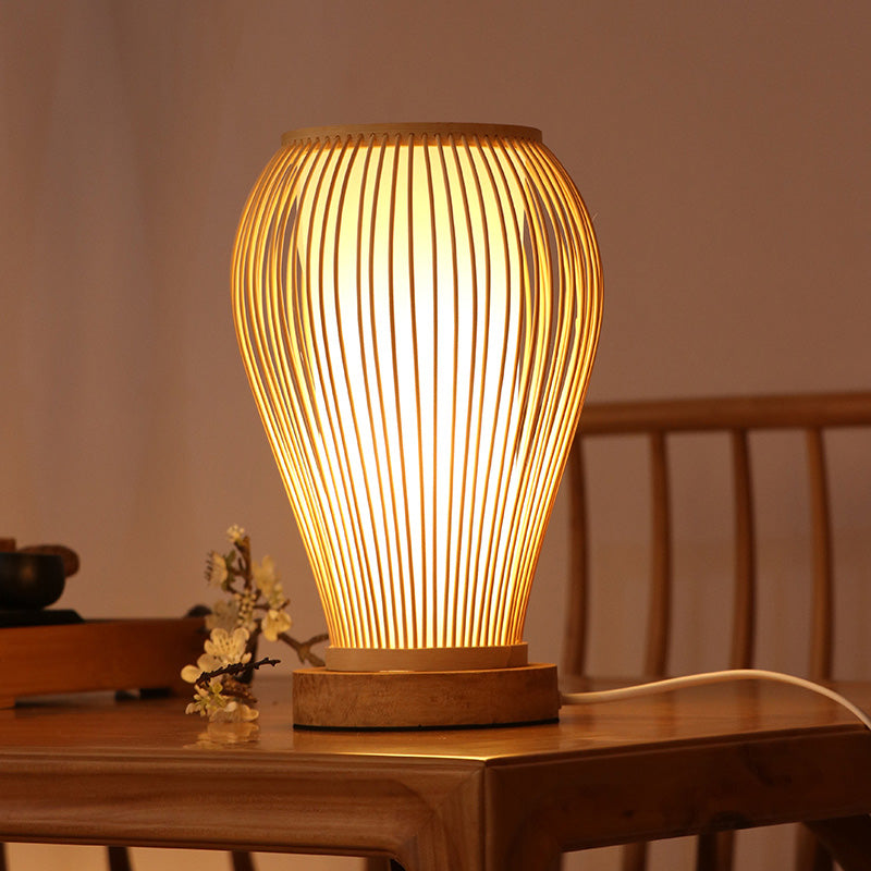 Lampada da tavolo urna in stile asiatico Bamboo Single lampadina scrivania bianca con tonalità cilindro interno