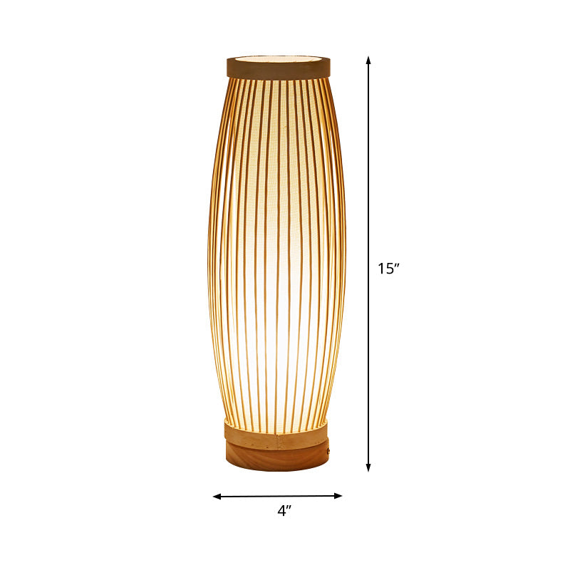 Lampada da tavolo notturno oblungo in legno Luce da scrivania in bambù singolo con sfumatura in tessuto cilindro per camera da letto