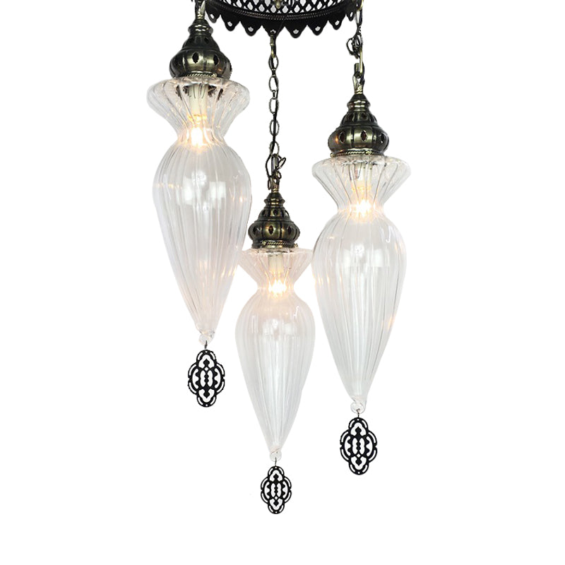 Traditional Gourd Chandelier Light 3 Bulbs Clear Ribbed Glass Pendant Lighting Fixture