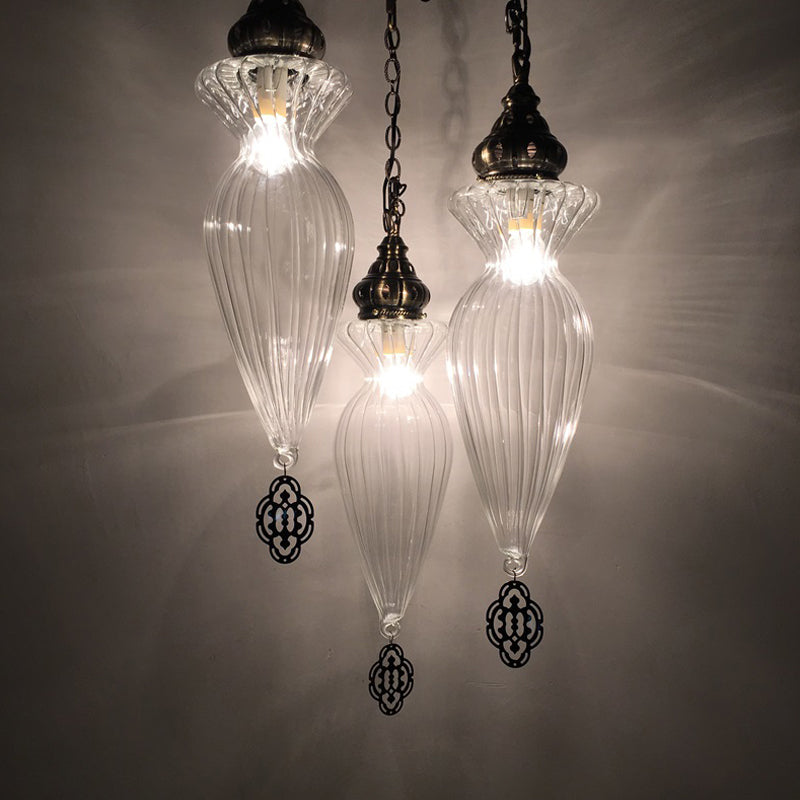 Traditional Gourd Chandelier Light 3 Bulbs Clear Ribbed Glass Pendant Lighting Fixture