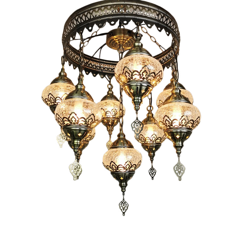 Bronze Elliptical Hanging Ceiling Light Vintage Clear Crackle Glass 9-Head Bedroom Pendant Chandelier