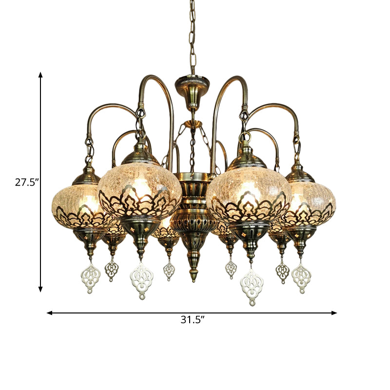 Lantern Living Room Suspension Lamp Bohemia Clear Crackle Glass 8 Lights Bronze Chandelier Light with Swooping Arm