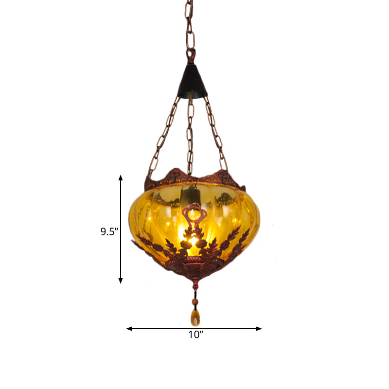 Lantern Restaurant Ceiling Light Country Style Amber Glass 1 Light Rust Pendant Lamp