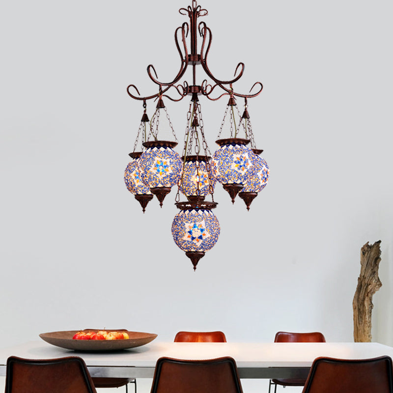 Hand Cut Glass Copper Chandelier Global 6-Light Turkish Pendant Ceiling Light for Dining Room