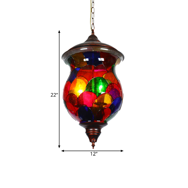 3 Bulbs Red Glass Chandelier Vintage Copper Urn Shape Bathroom Pendant Lighting Fixture