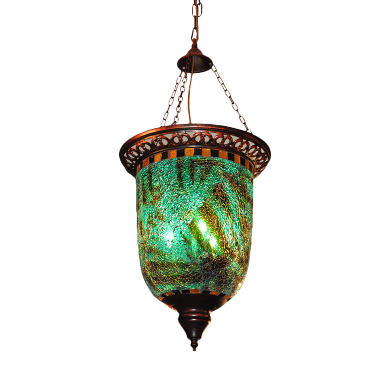 Bohemian Urn Chandelier Light 2 Bulbs Stained Art Glass Pendant Lighting Fixture in Blue for Restaurant