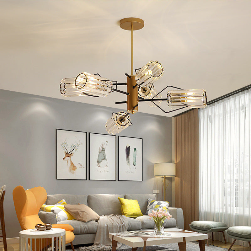 Cylindre Crystal Block Chandelier Light Retro 3/6/8 Bulbes Salon Pendant la lampe en or