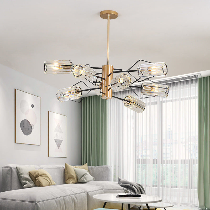 Cylindre Crystal Block Chandelier Light Retro 3/6/8 Bulbes Salon Pendant la lampe en or