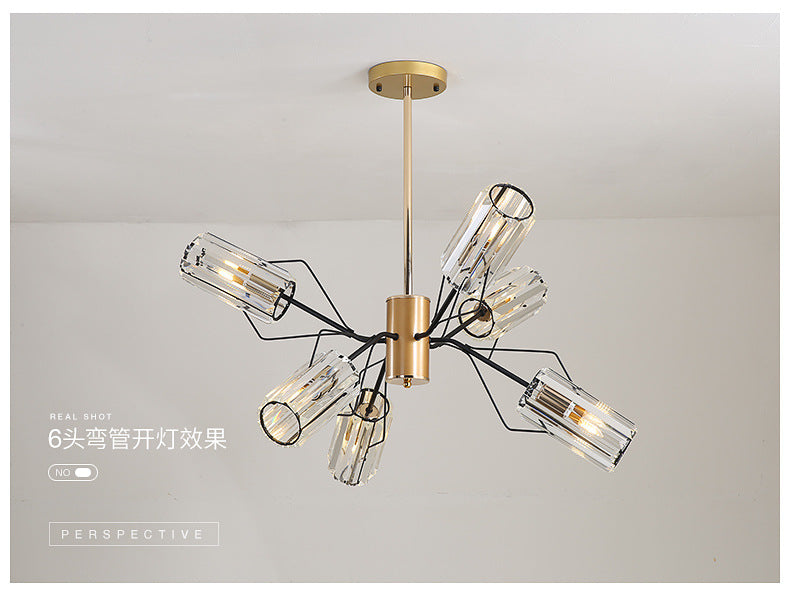 Cylindre Crystal Block Chandelier Light Retro 3/6/8 Bulbes Salon Pendant la lampe en or
