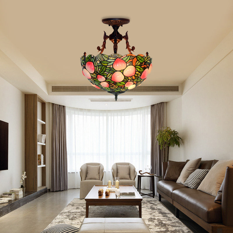 Lampada semifulina vittoriana a cupola a filotto a 3 teste in vetro verde/rosa vetrate/lampada a soffitto a soffitto a motivi per la camera da letto per camera da letto