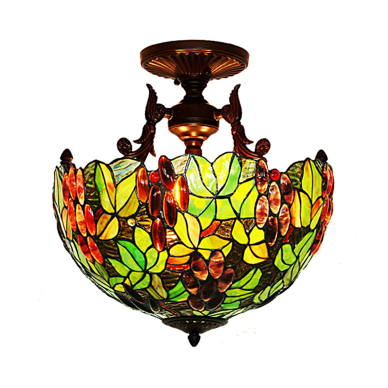 Lampada semifulina vittoriana a cupola a filotto a 3 teste in vetro verde/rosa vetrate/lampada a soffitto a soffitto a motivi per la camera da letto per camera da letto