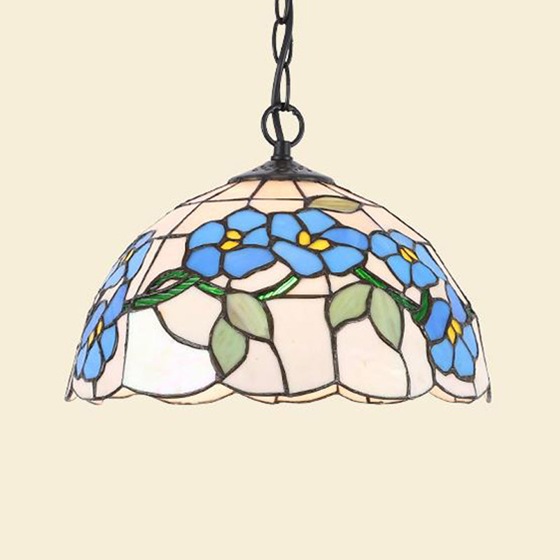 Stained Glass Black/White Pendant Lamp Domed 1 Light Baroque Floral Patterned Hanging Light Kit for Kitchen