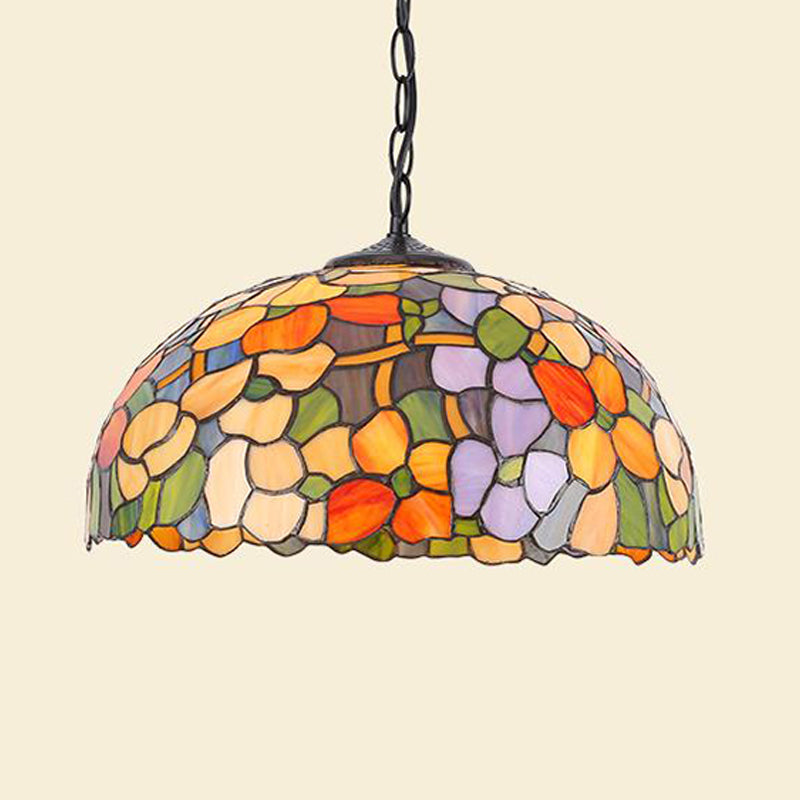 Stained Glass Black/White Pendant Lamp Domed 1 Light Baroque Floral Patterned Hanging Light Kit for Kitchen