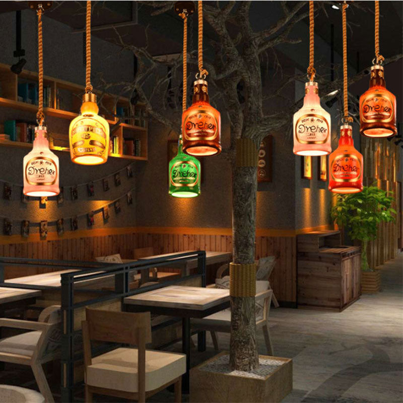 Resin Red/Yellow Drop Pendant Wine Bottle 1 Light Industrial Style Hanging Lamp Kit for Restaurant