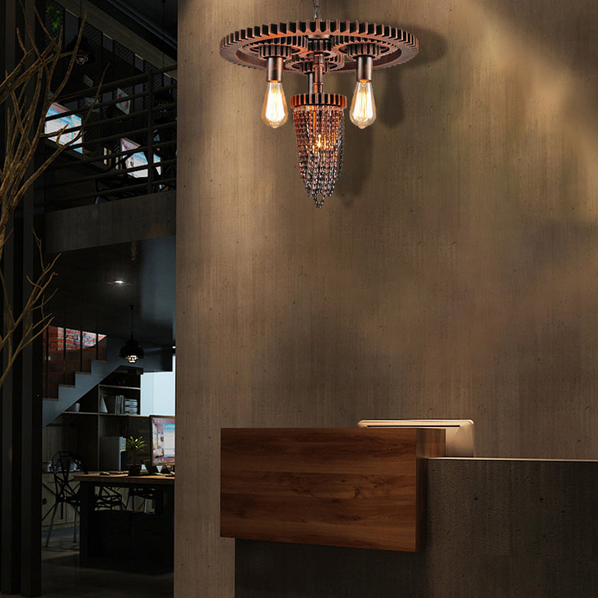 Metallic Gear Hanging Chandelier Vintage 3 Heads Restaurant Ceiling Pendant in Rust