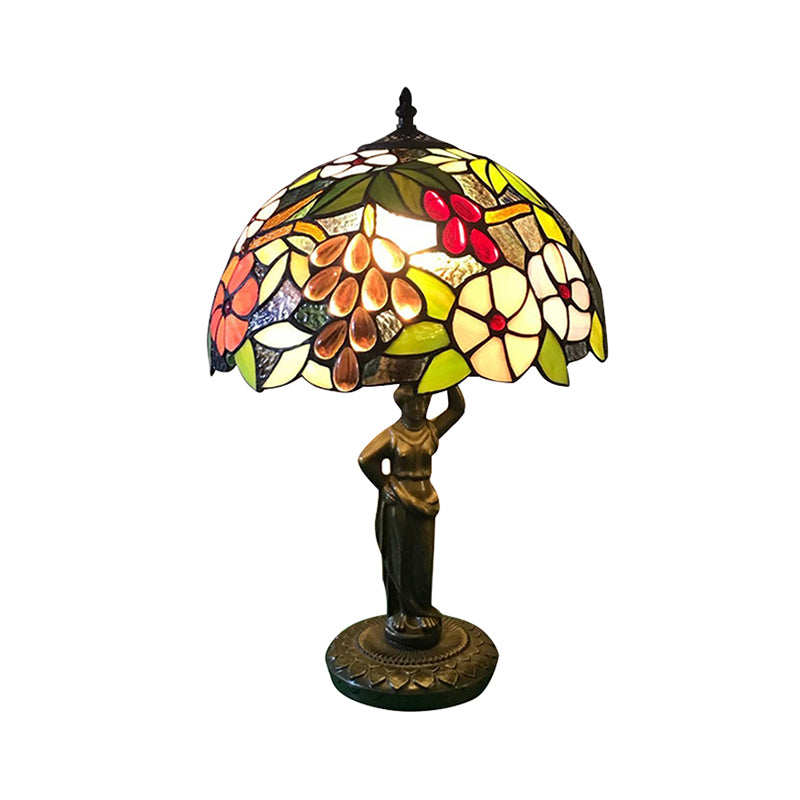 Lampada da scrivania con motivo uccello/uva/fiore con base per donne che lavorano, lampada da scrivania in vetro colorato Tiffany rustico a 1 testa per camera da letto