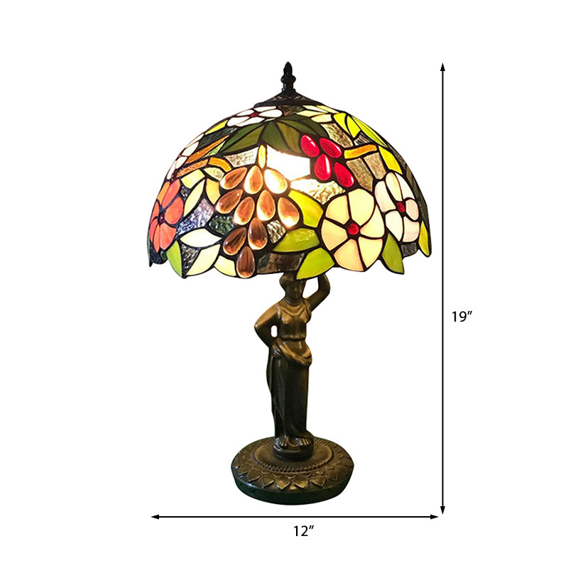 Lampada da scrivania con motivo uccello/uva/fiore con base per donne che lavorano, lampada da scrivania in vetro colorato Tiffany rustico a 1 testa per camera da letto