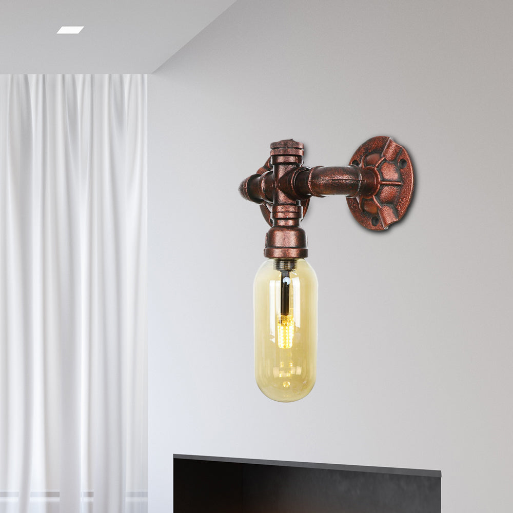 Capsule Amber Glass Wall Lighting Vintage 1/2 Bulbs Living Room Sconce Lamp in Weathered Copper