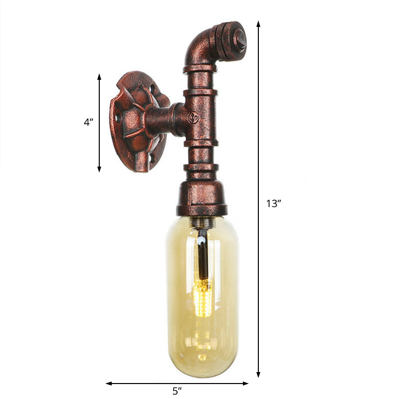 Weathered Copper Capsule Wall Light Rustic Metal 1 Head 9"/10.5"/12" High Bedroom Sconce Lamp with Pipe Design