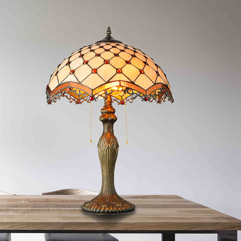 2 Lights Bowl Desk Light with Bead Tiffany Classic Art Glass Desk Lamp in Beige for Study Room