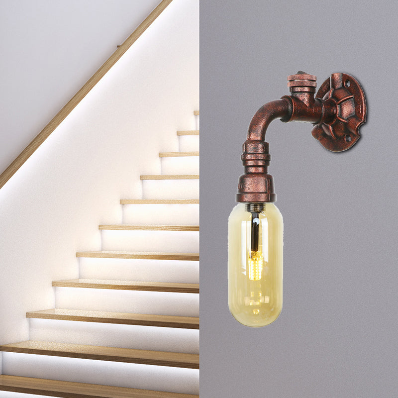 Weathered Copper Capsule Wall Light Rustic Metal 1 Head 9"/10.5"/12" High Bedroom Sconce Lamp with Pipe Design