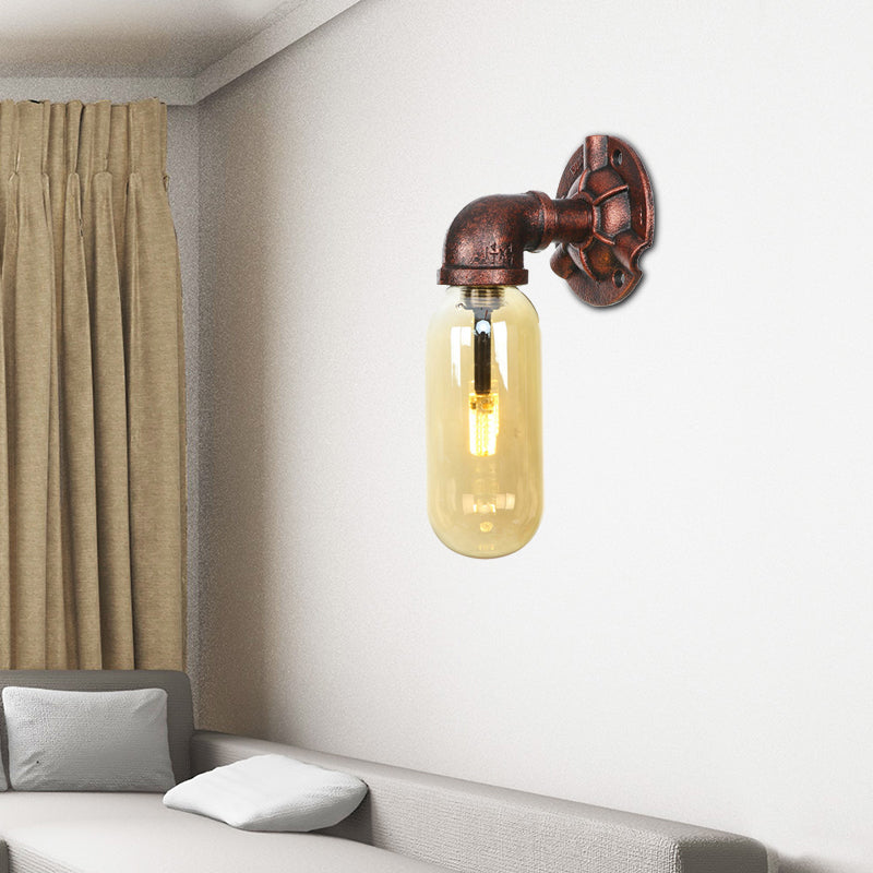 Weathered Copper Capsule Wall Light Rustic Metal 1 Head 9"/10.5"/12" High Bedroom Sconce Lamp with Pipe Design