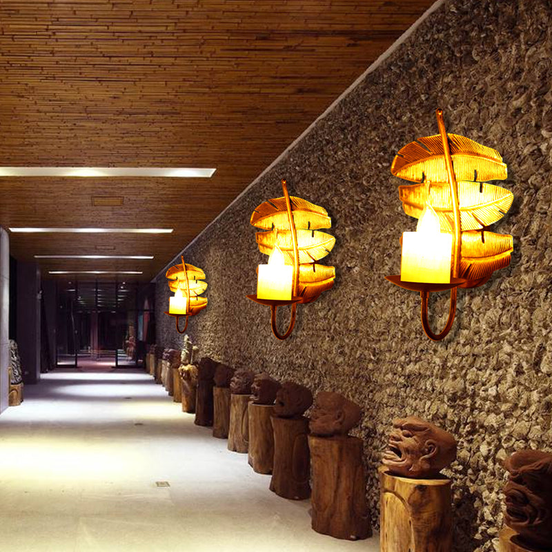 Vintage Leaf Sconce Lighting 1 Bulb Metal Wall Mounted Lamp Fixture in Brass with Cylinder Marble Shade